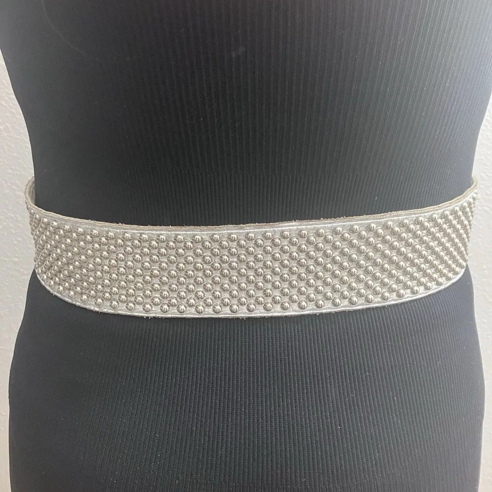 VTG Sand Castle New York Leather Belt Silver Studded Wide 80s Glam Rock 25-31